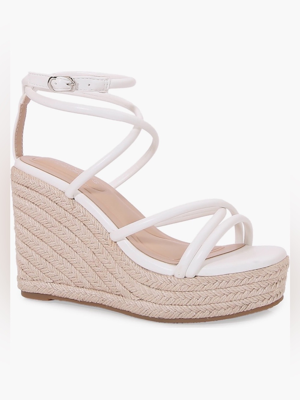 White Strappy Espadrille Wedge Sandal with Ankle Wrap